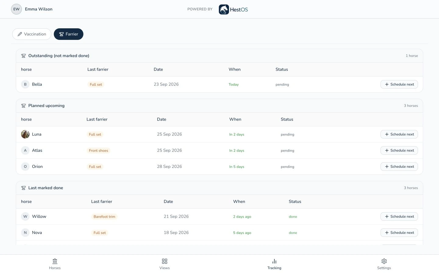 HestOS farrier overview showing sample outstanding appointments, upcoming work and completed visits