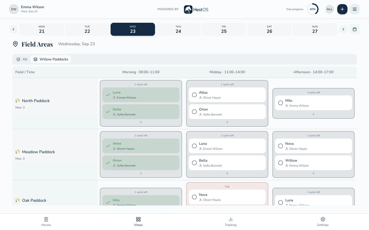 HestOS turnout planning grid showing sample fields, time slots, horse allocations and capacity