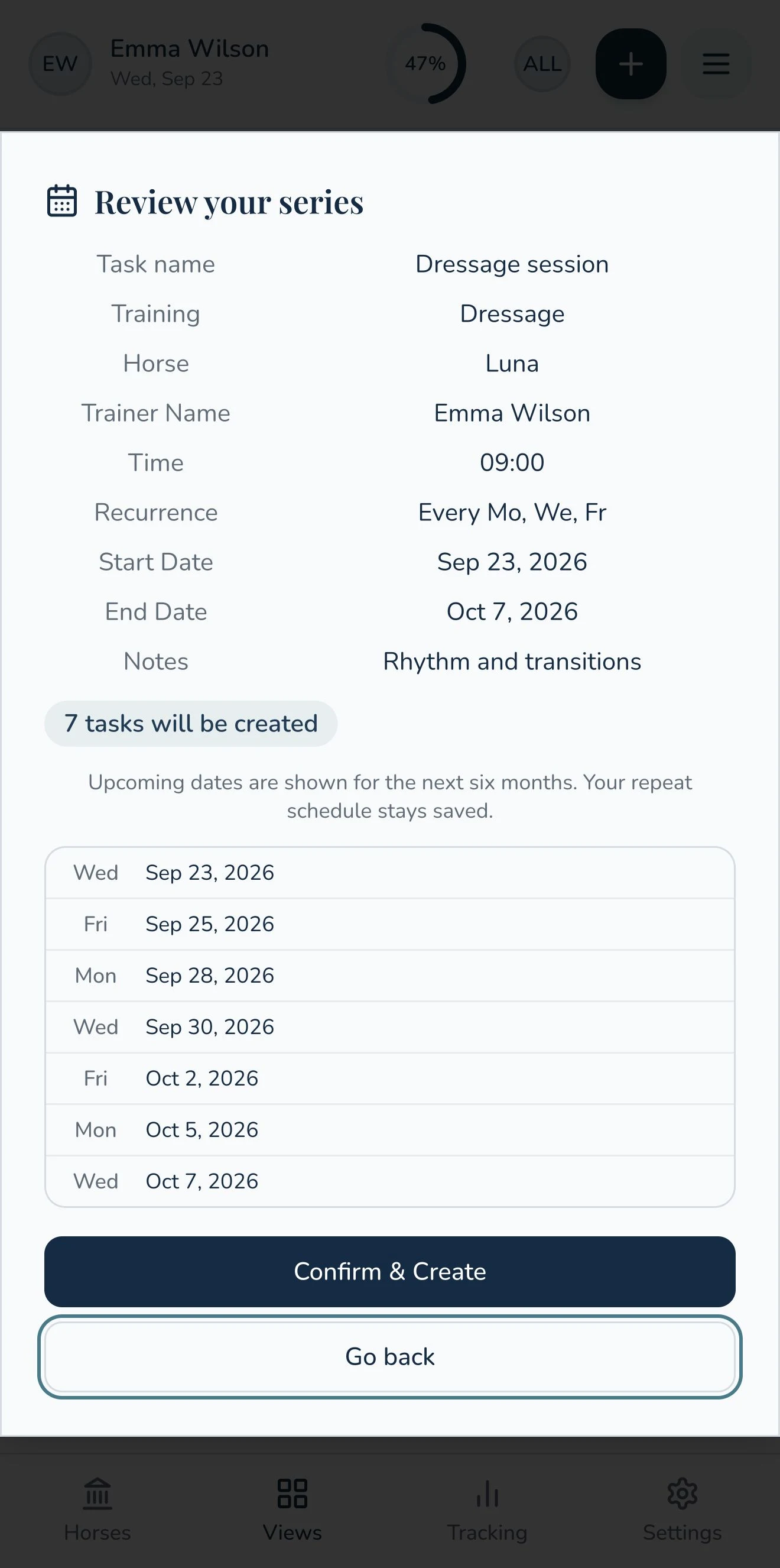 HestOS recurring task preview with sample dates and task details ready for review